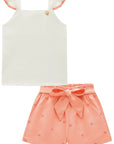 Conjunto de Regata em Canelado Liz e Shorts em Linho Bordado Corações 96652 Infanti Infantil Menina