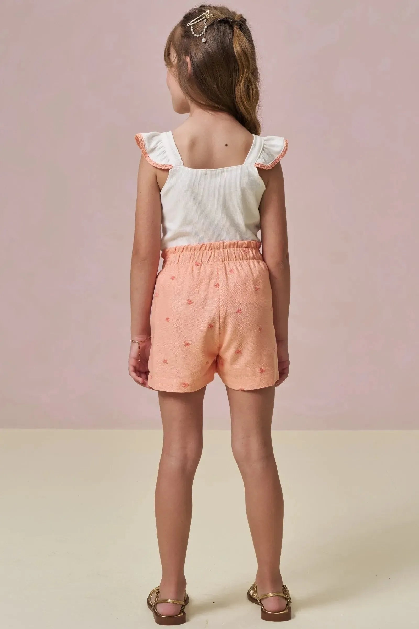 Conjunto de Regata em Canelado Liz e Shorts em Linho Bordado Corações 96652 Infanti Infantil Menina