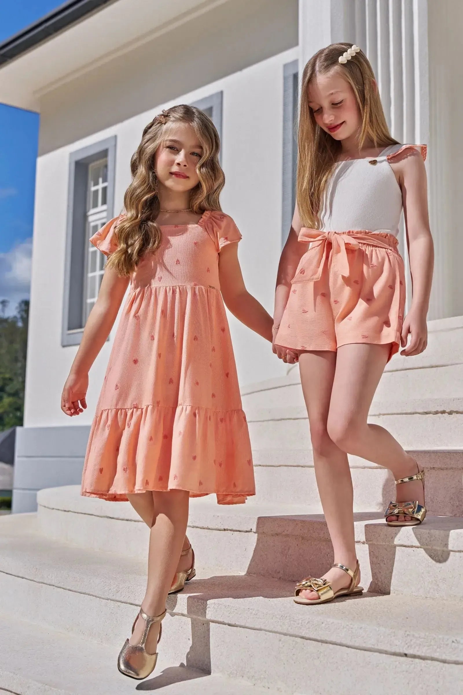 Conjunto de Regata em Canelado Liz e Shorts em Linho Bordado Corações 96652 Infanti Infantil Menina