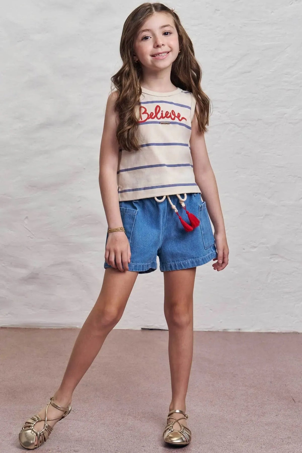 Conjunto de Regata em Meia Malha e Shorts em Jeans Wishita 98892 Infanti Infantil Menina