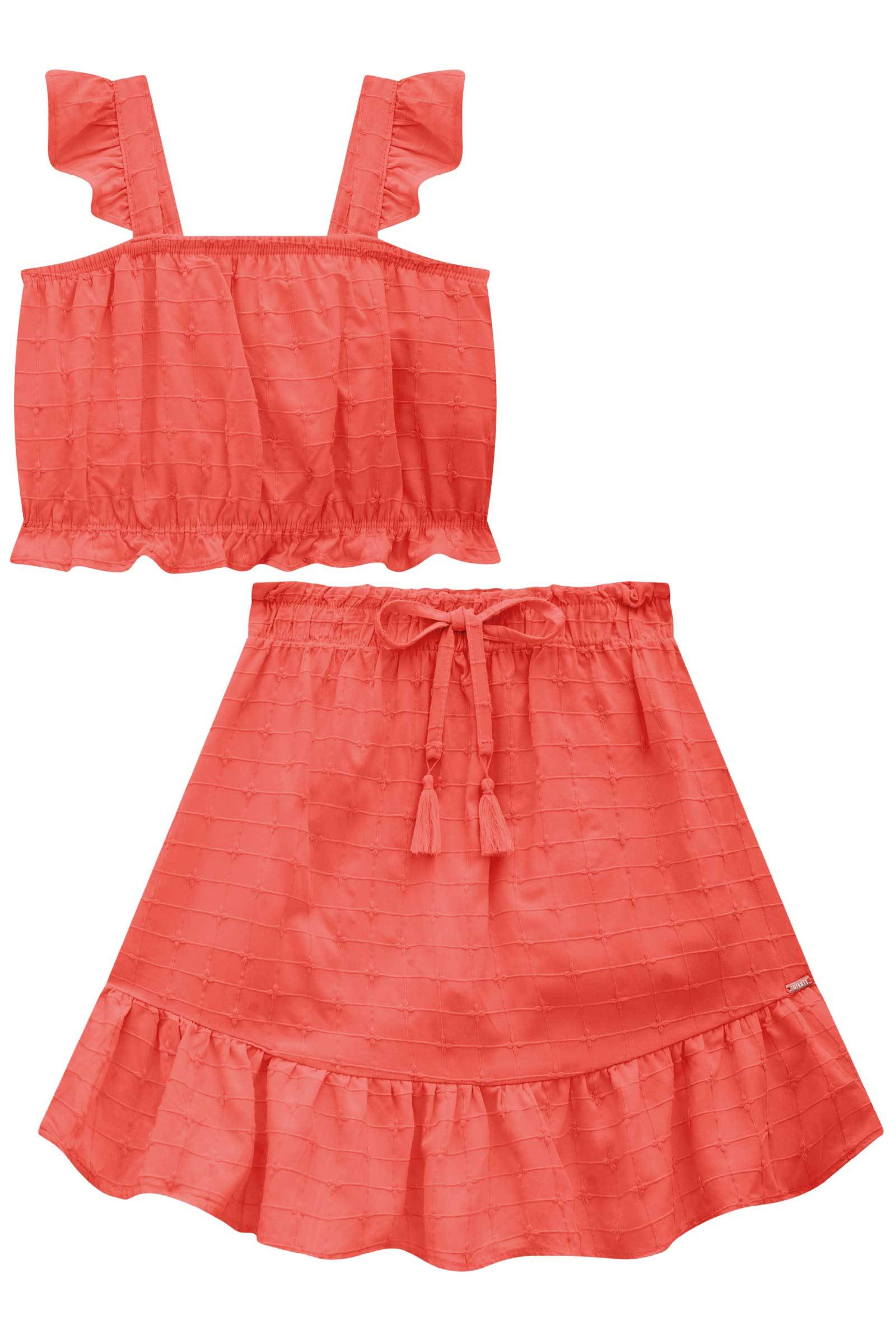 Conjunto de Top Cropped com Saia em Tricoline Malta Bordado. Com Shorts Embutido. 74302 Infanti