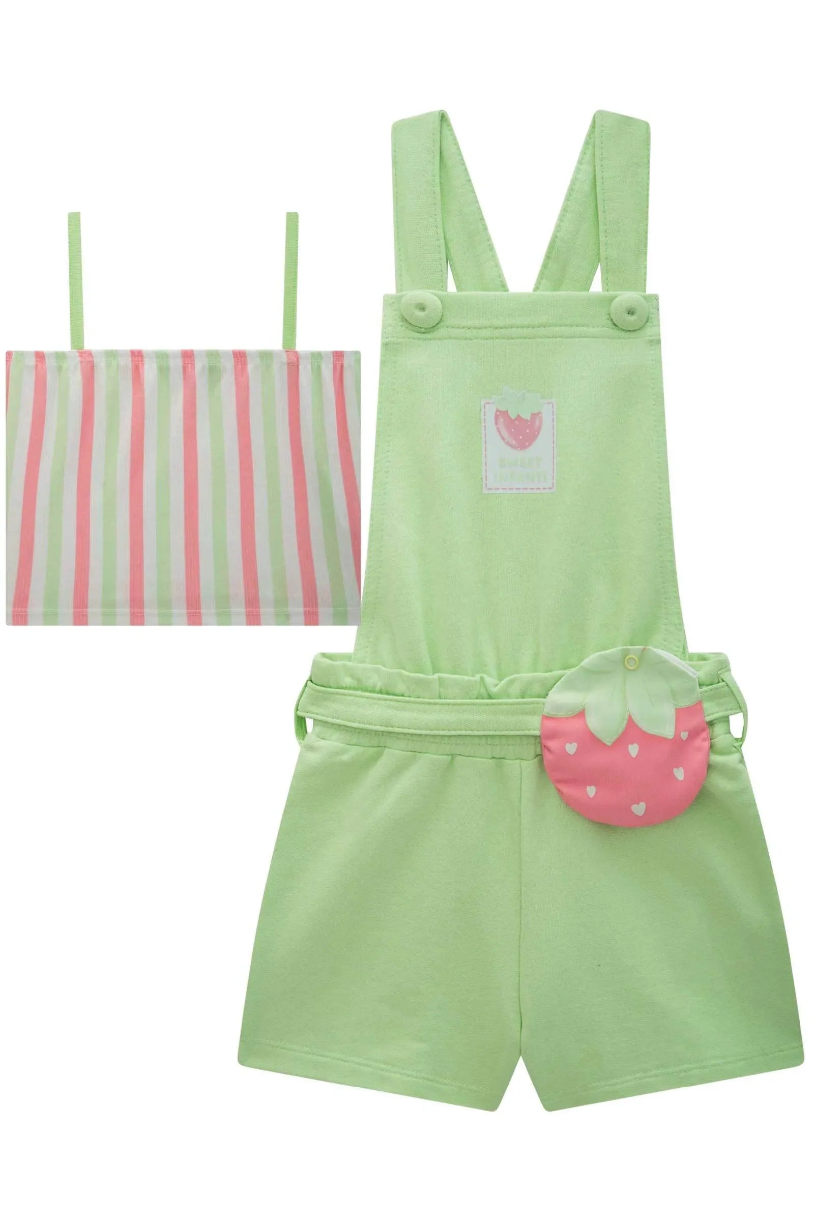 Conjunto de Top em Ribana Fancy e Jardineira em Moletom 83514 Infanti Infantil Menina