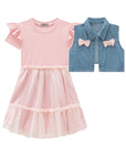 Conjunto de Vestido em Canelado Liz e Tule com Elastano e Colete em Jeans 97252 Infanti Infantil Menina