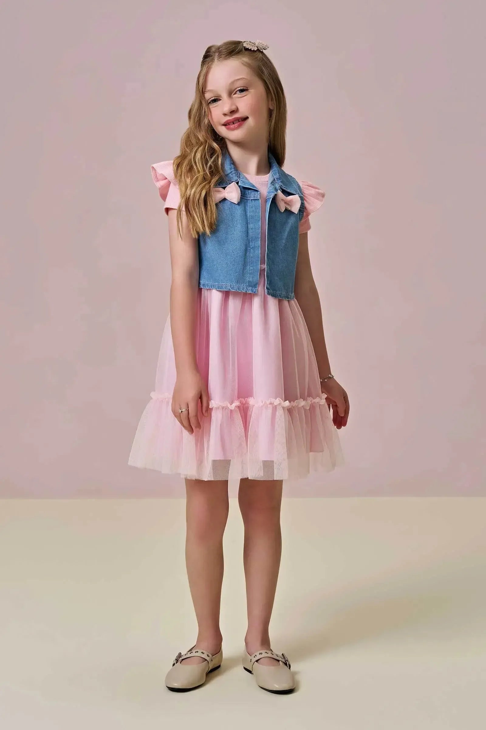 Conjunto de Vestido em Canelado Liz e Tule com Elastano e Colete em Jeans 97252 Infanti Infantil Menina
