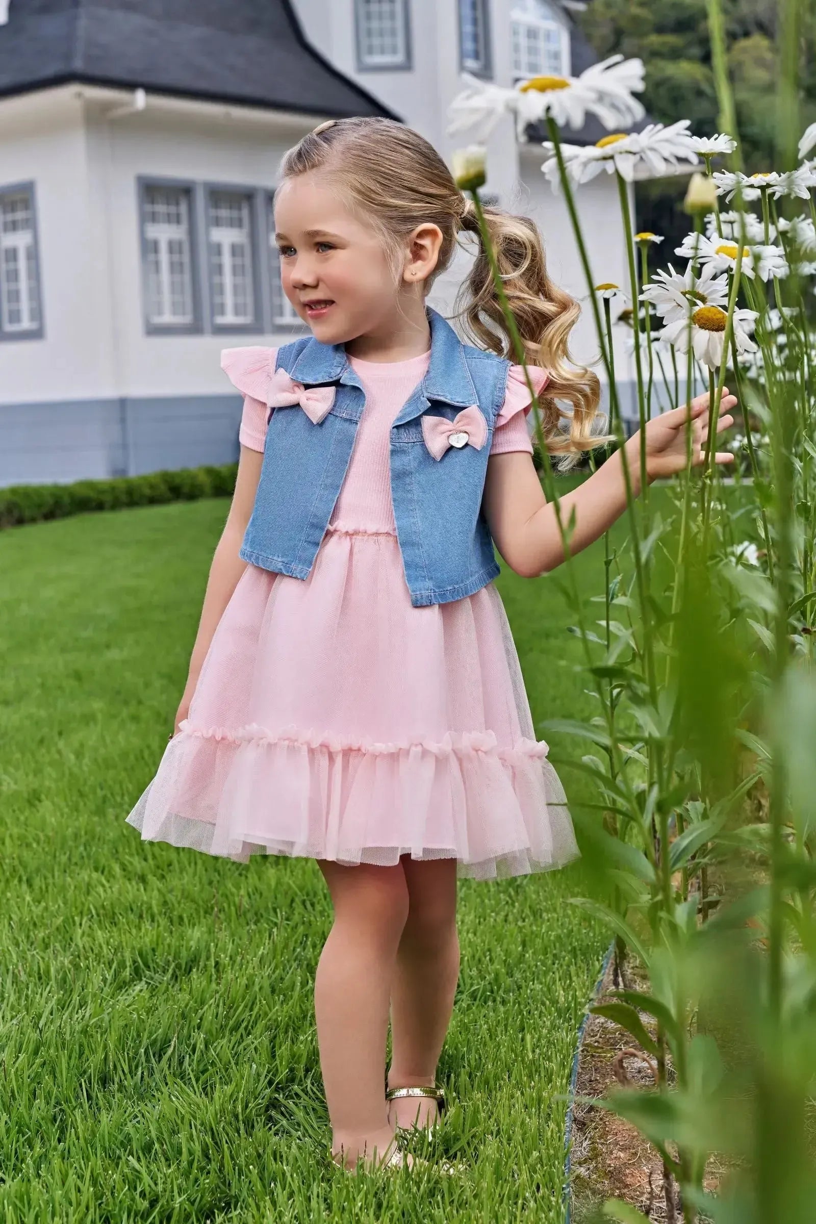 Conjunto de Vestido em Canelado Liz e Tule com Elastano e Colete em Jeans 97252 Infanti Infantil Menina