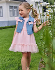 Conjunto de Vestido em Canelado Liz e Tule com Elastano e Colete em Jeans 97252 Infanti Infantil Menina