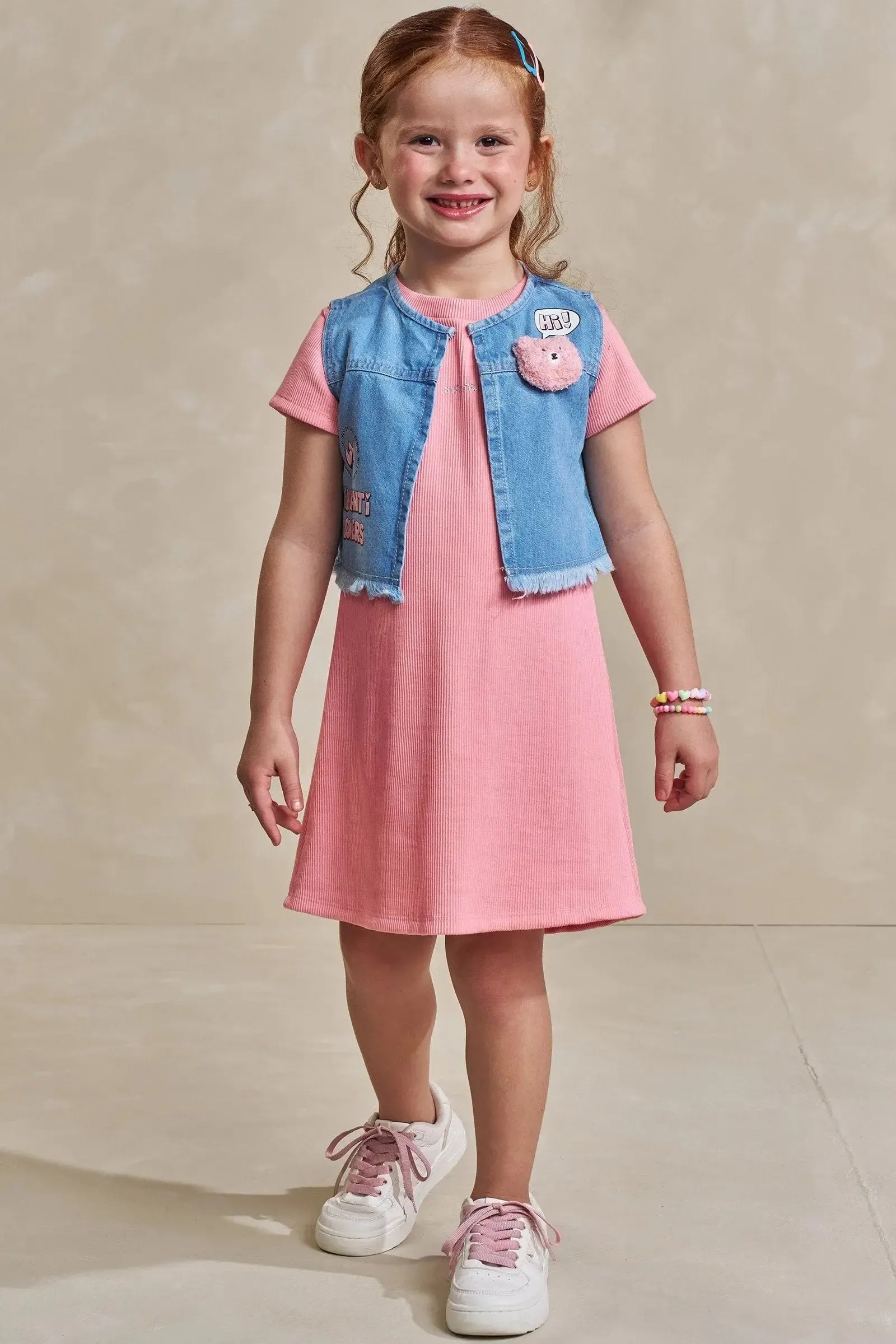 Conjunto de Vestido em Malha Soft e Colete em Jeans Askansas 93573 Infanti Infantil Menina