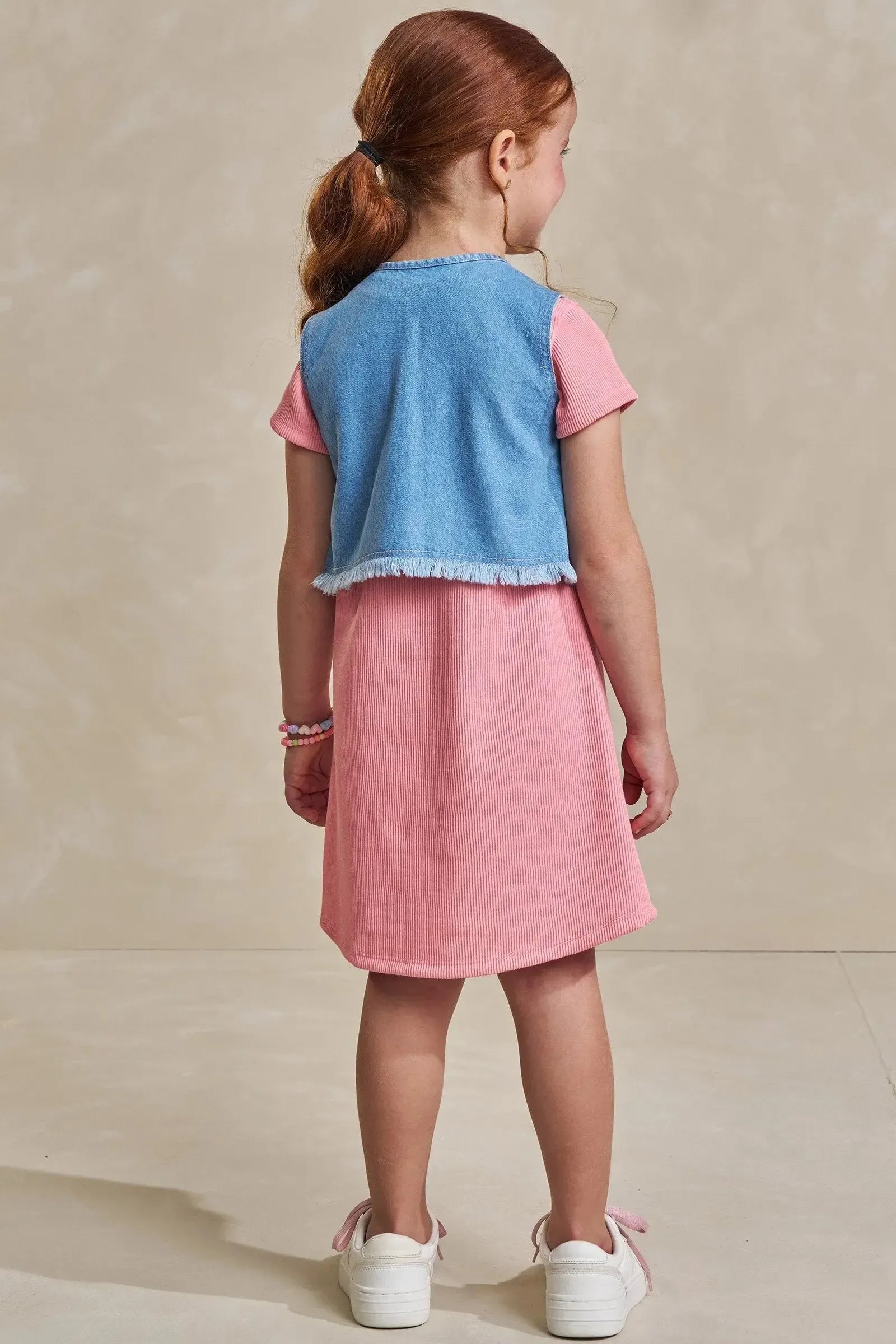 Conjunto de Vestido em Malha Soft e Colete em Jeans Askansas 93573 Infanti Infantil Menina