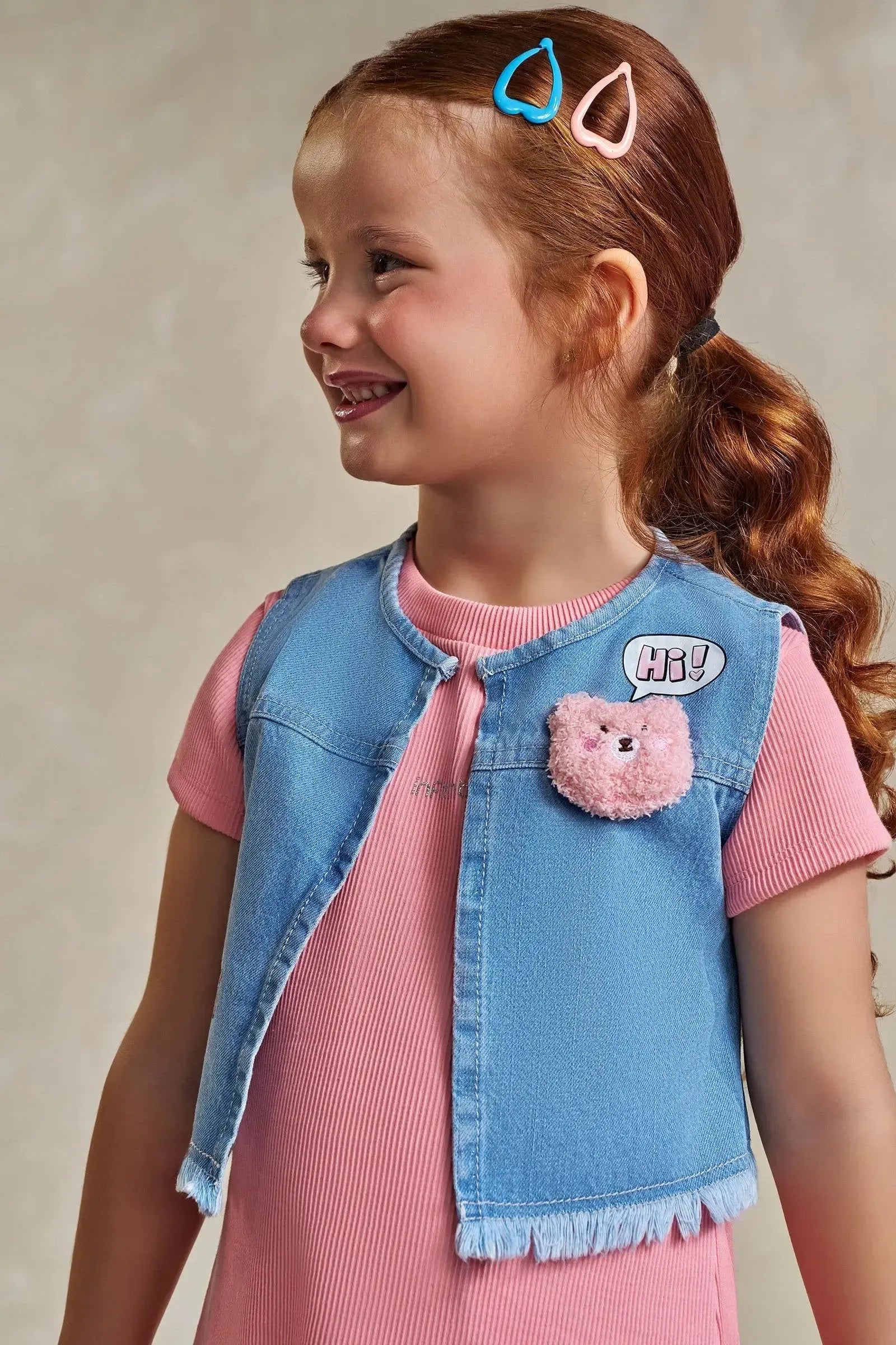 Conjunto de Vestido em Malha Soft e Colete em Jeans Askansas 93573 Infanti Infantil Menina