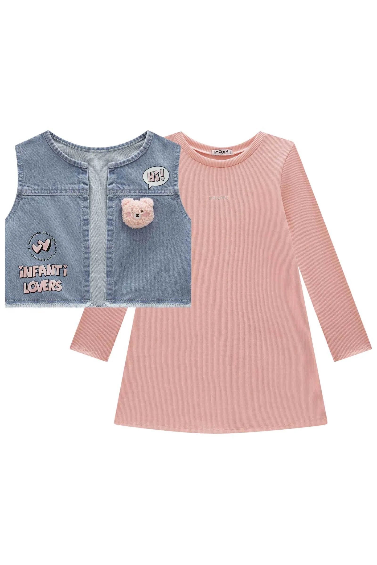 Conjunto de Vestido em Malha Soft Line e Colete em Jeans Askansas 90830 Infanti Infantil Menina
