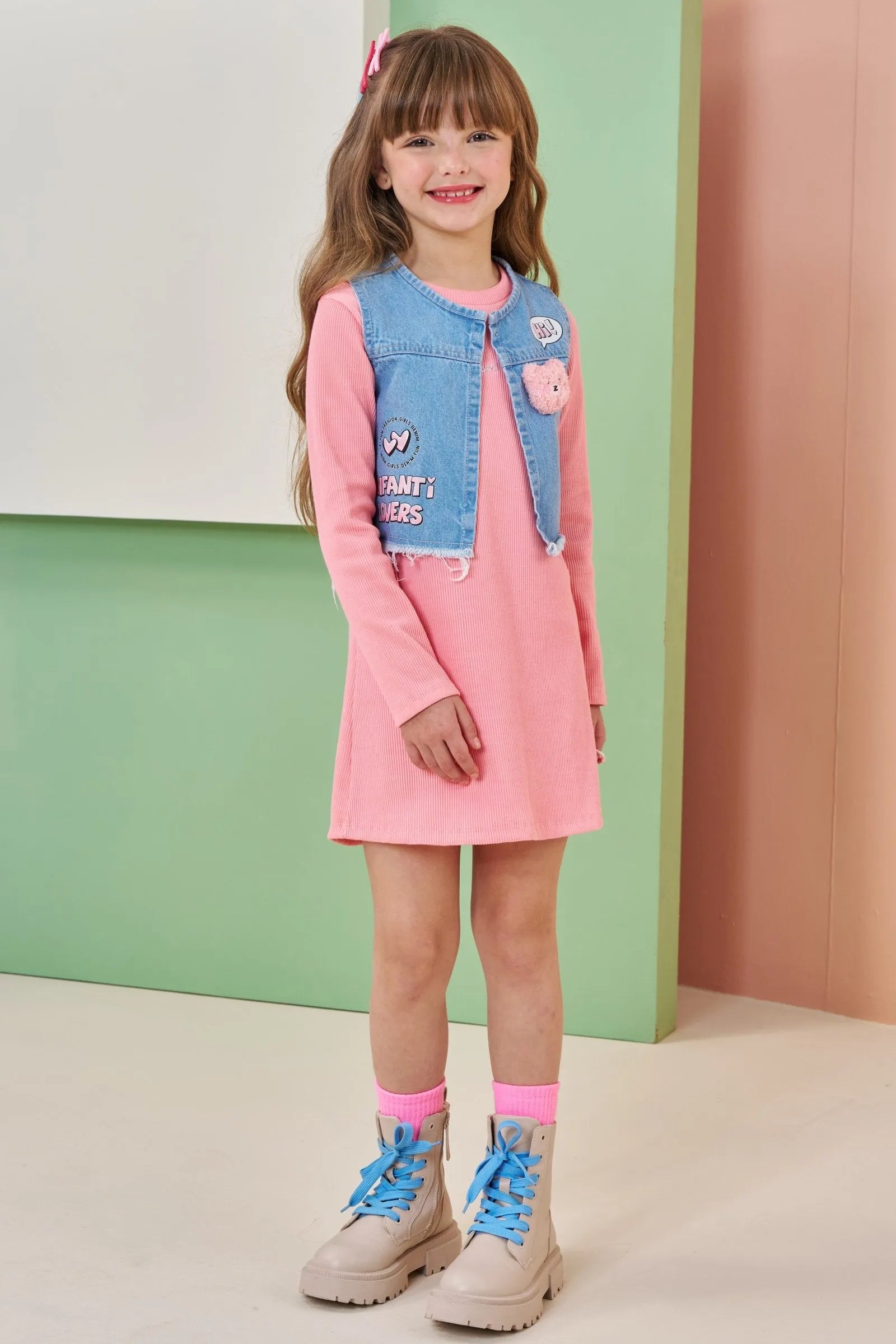 Conjunto de Vestido em Malha Soft Line e Colete em Jeans Askansas 90830 Infanti Infantil Menina