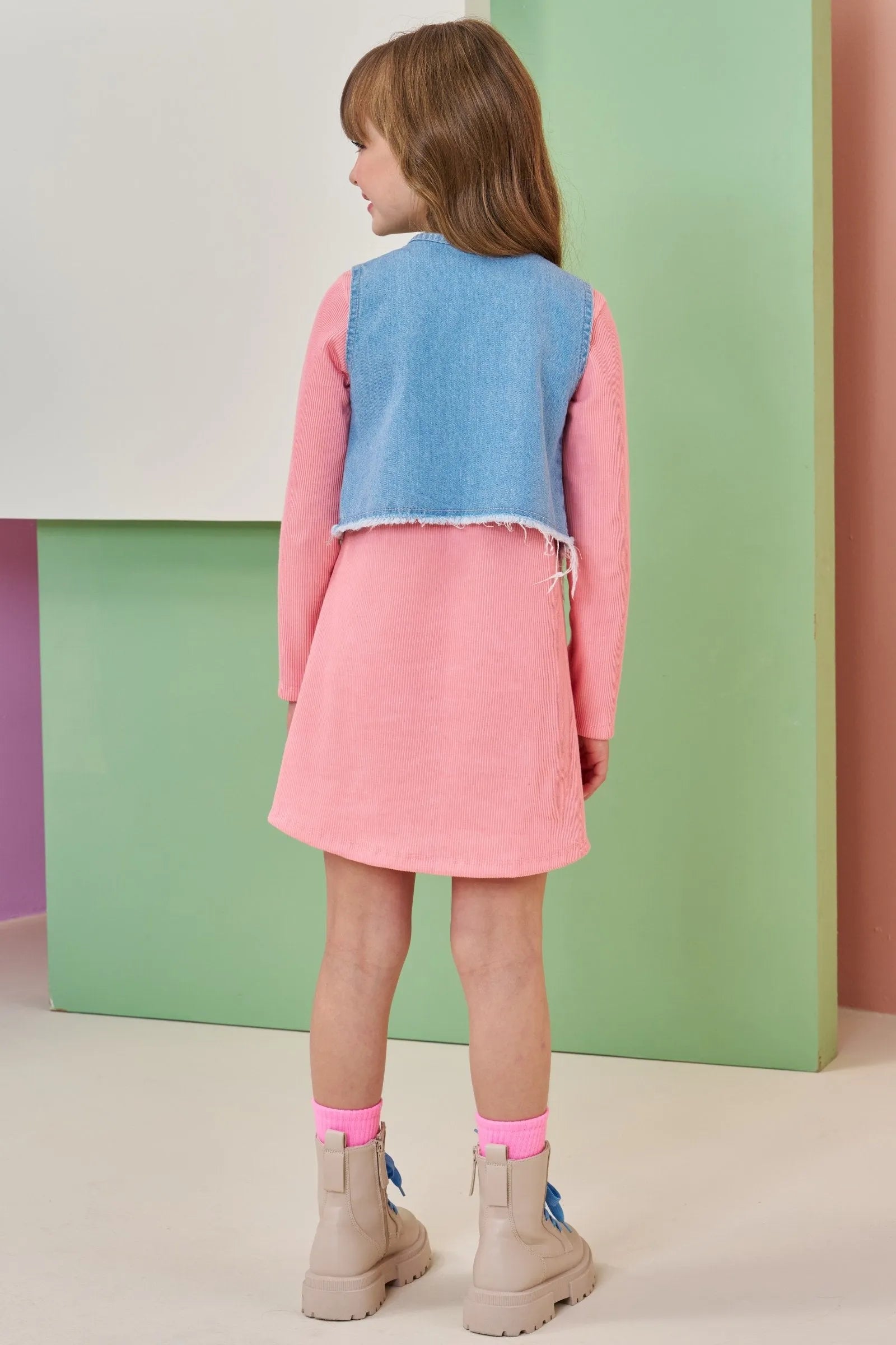 Conjunto de Vestido em Malha Soft Line e Colete em Jeans Askansas 90830 Infanti Infantil Menina