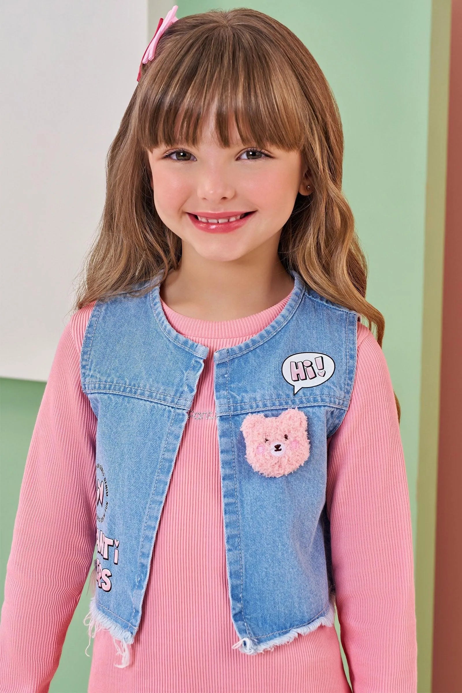 Conjunto de Vestido em Malha Soft Line e Colete em Jeans Askansas 90830 Infanti Infantil Menina
