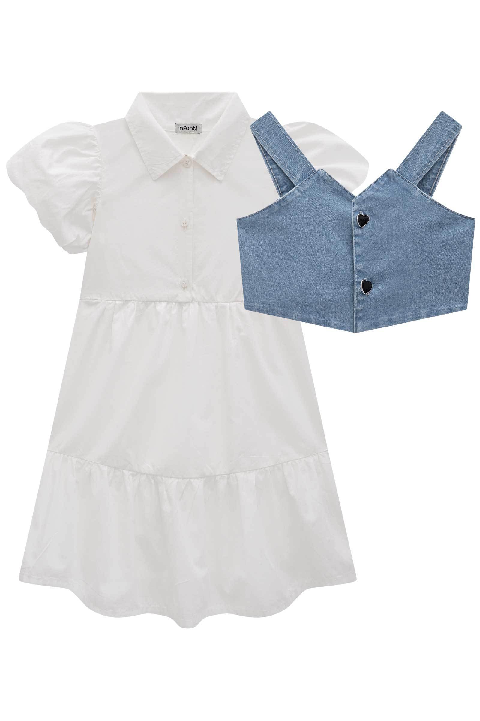 Conjunto de Vestido em Tricoline com Colete em Jeans Bellini com Elastano 76121 Infanti