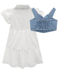 Conjunto de Vestido em Tricoline com Colete em Jeans Bellini com Elastano 76121 Infanti