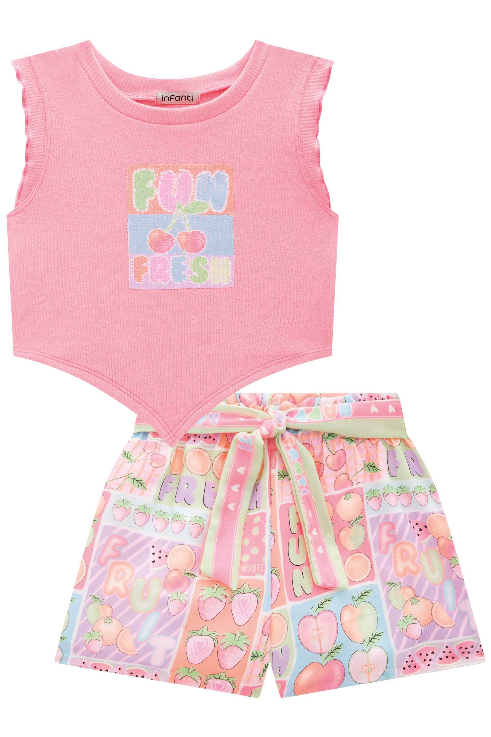 Conjunto em Blusa Boxy em Canelado Maui com Shorts em Tecido Sarjado 76200 Infanti