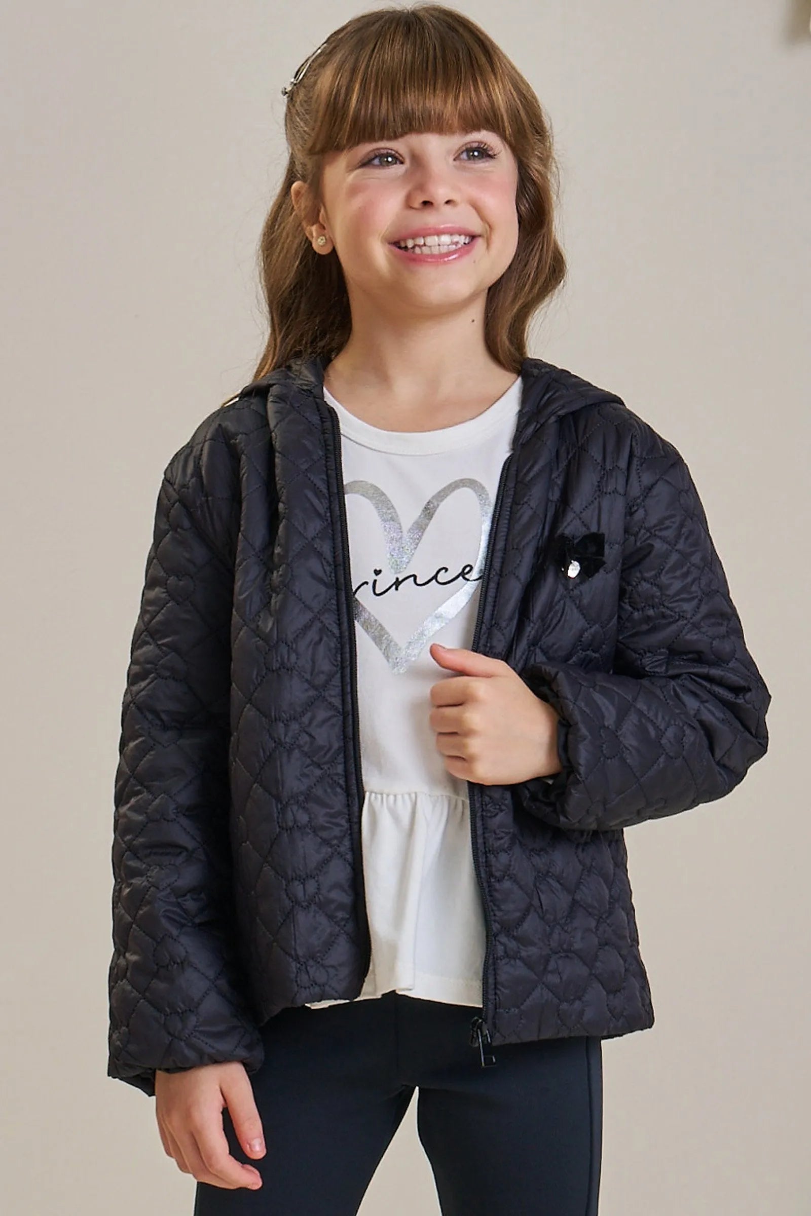 Jaqueta em Nylon Matelassê de Coração 92149 Infanti Infantil Menina