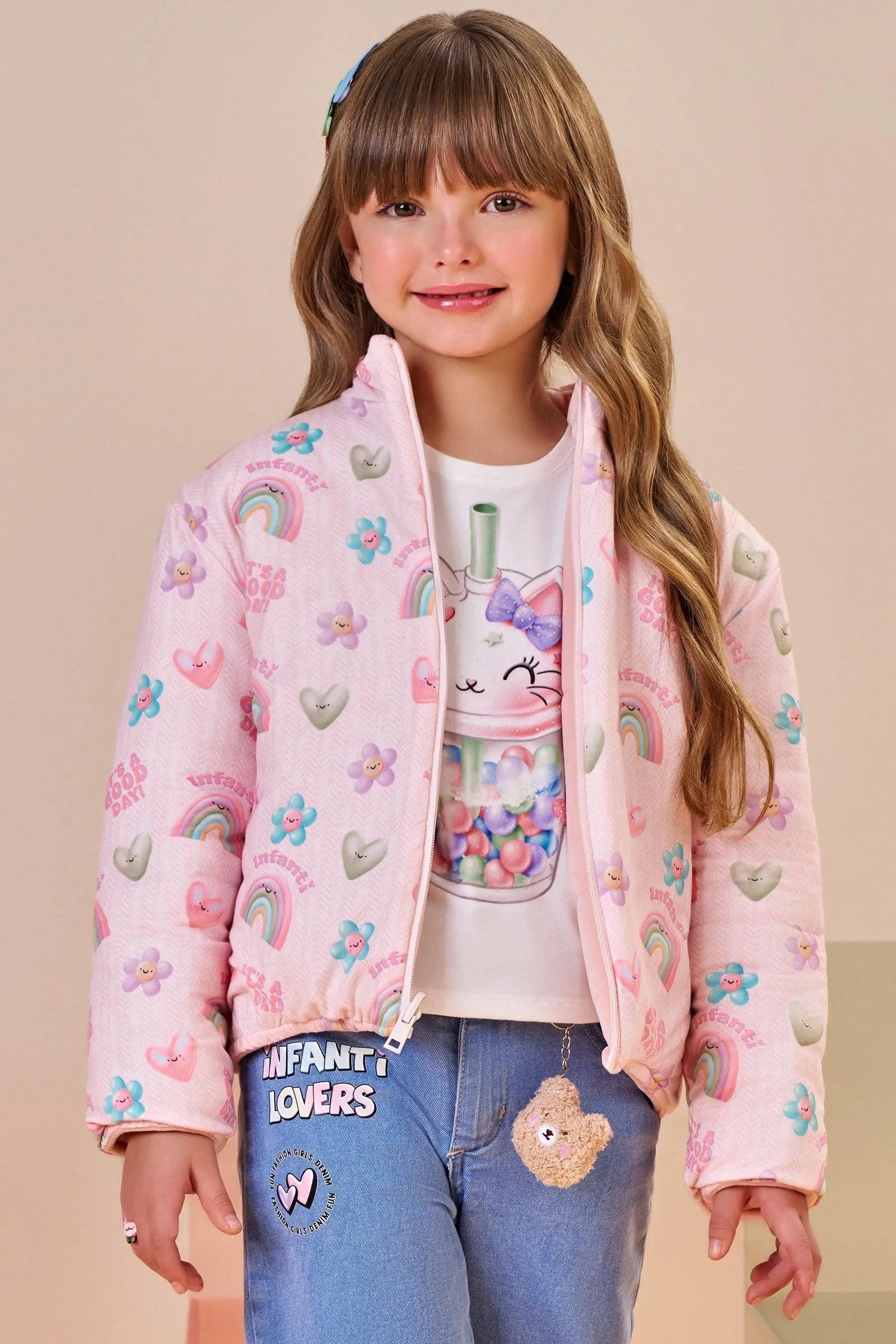 Jaqueta Puffer Reversível em Veludo com Elastano e Malha Comfy 89666 Infanti Infantil Menina