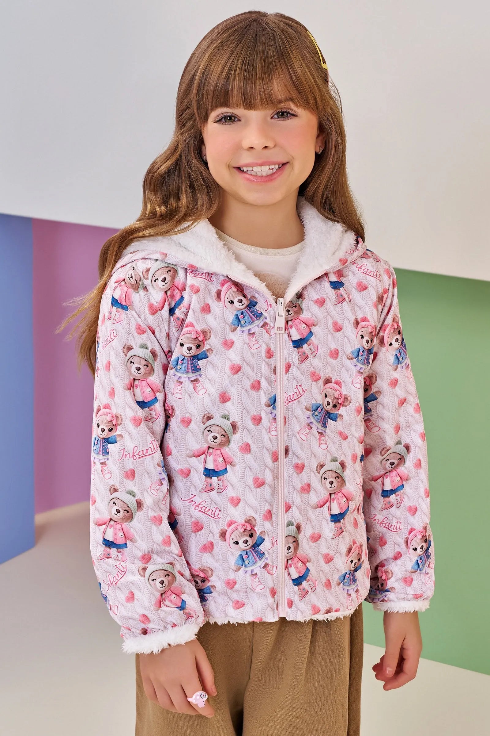 Jaqueta Reversível em Nylon e Pelo Carneirinho 89667 Infanti Infantil Menina