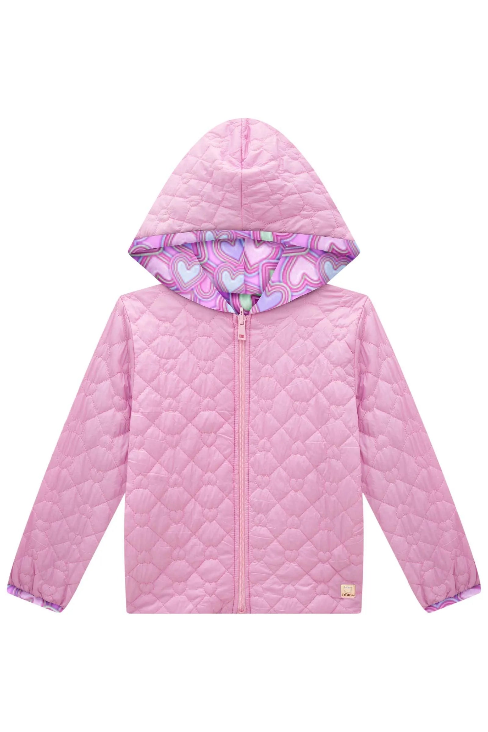 Jaqueta Reversível em Nylon Matelassê de Coração e Malha Comfy 92159 Infanti Infantil Menina