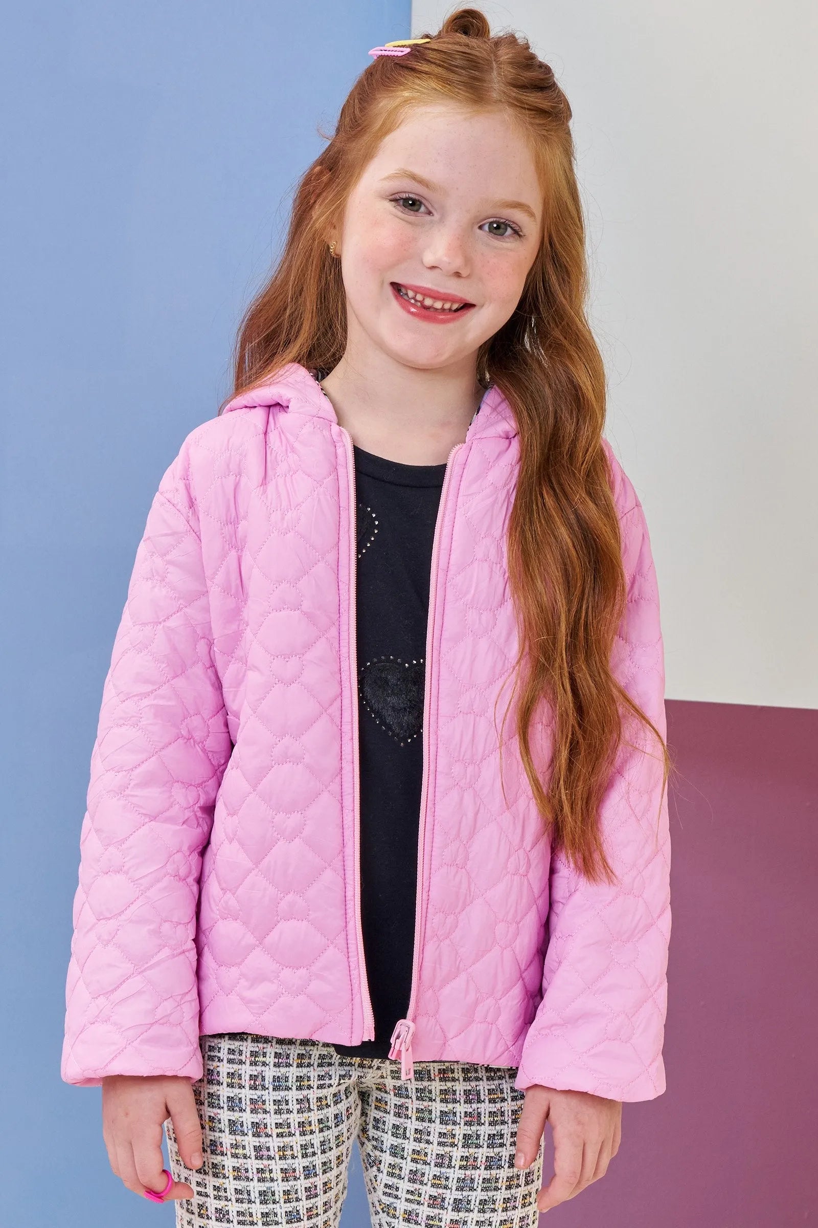 Jaqueta Reversível em Nylon Matelassê de Coração e Malha Comfy 92159 Infanti Infantil Menina