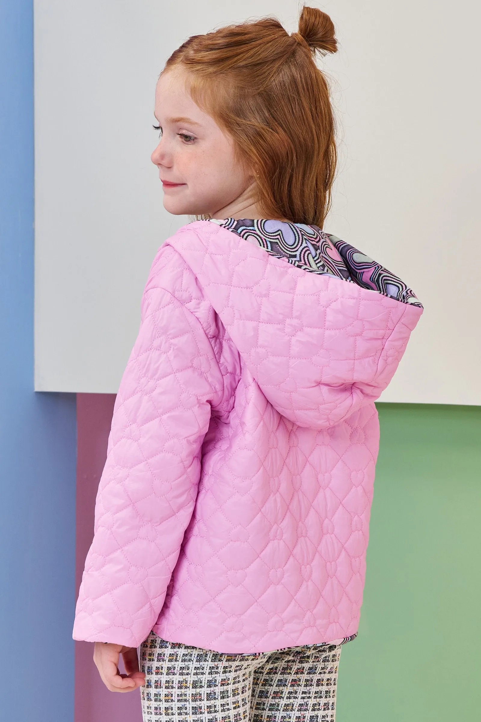Jaqueta Reversível em Nylon Matelassê de Coração e Malha Comfy 92159 Infanti Infantil Menina