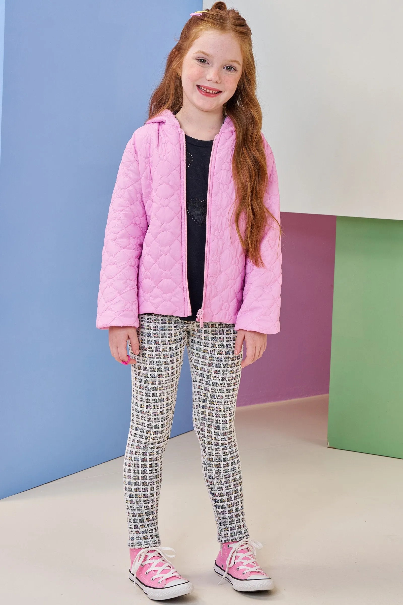 Jaqueta Reversível em Nylon Matelassê de Coração e Malha Comfy 92159 Infanti Infantil Menina