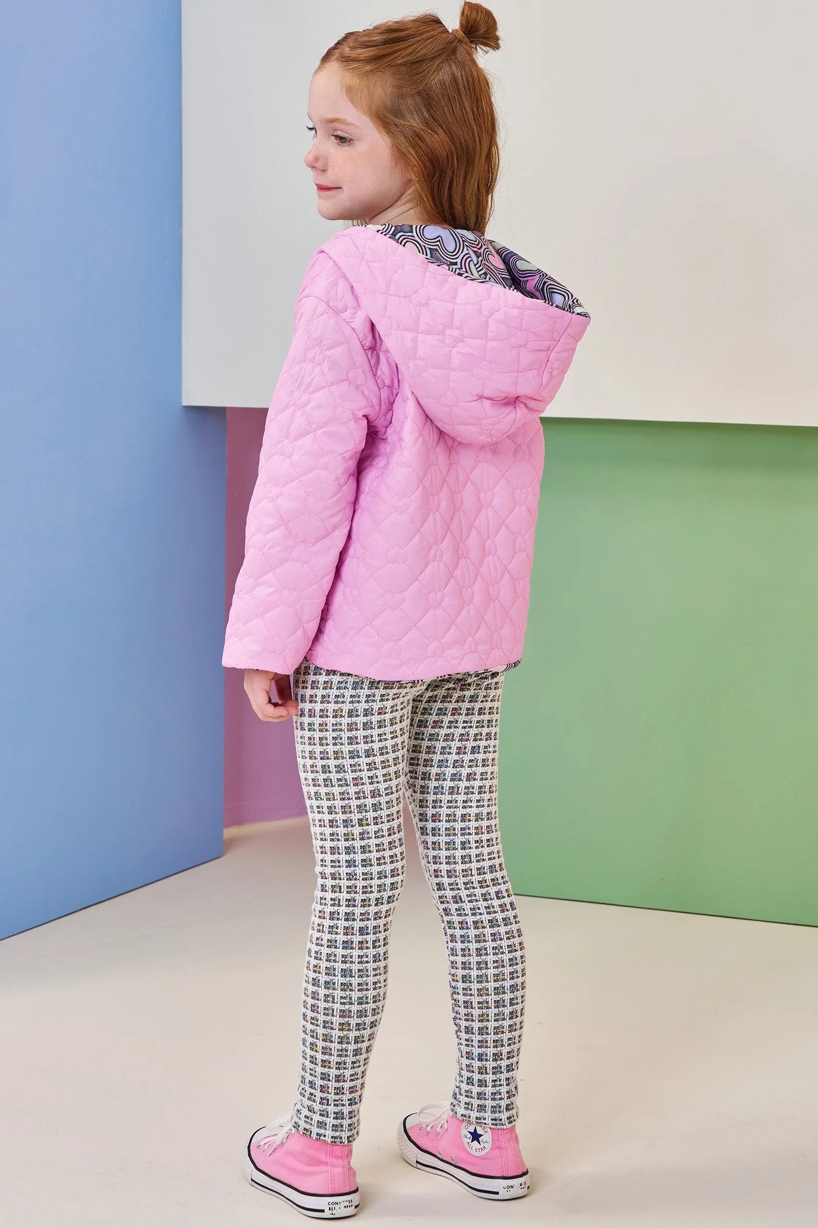 Jaqueta Reversível em Nylon Matelassê de Coração e Malha Comfy 92159 Infanti Infantil Menina