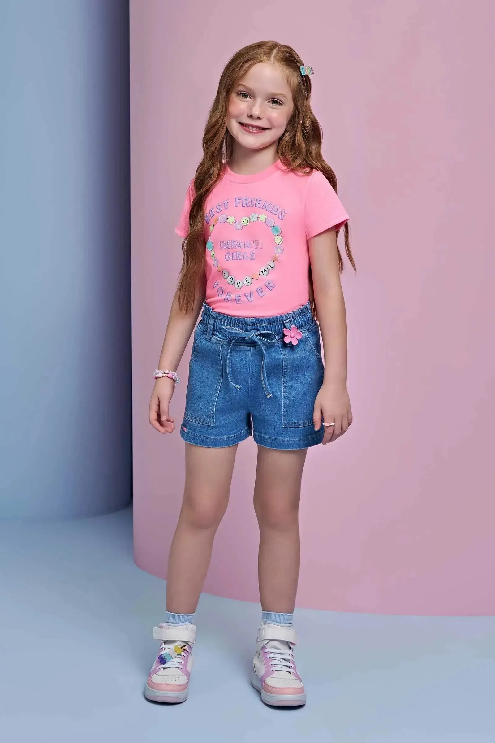 Shorts em Jeans com Elastano. Acompanha Presilha de Cabelo 95317 Infanti Infantil Menina