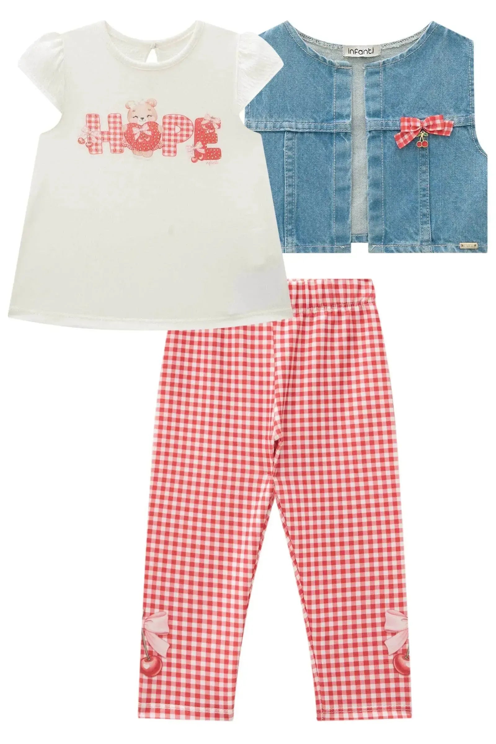 Trio de Bata em Malha Wave com Calça Legging em Molecotton e Colete em Jeans Arkansas 83940 Infanti Bebê Menina