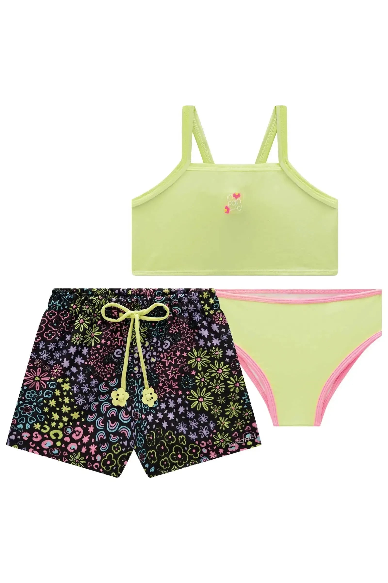 Trio de Biquíni em Malha UV Dry com Proteção UV 50 + com Shorts em Air Flow 95917 Infanti Infantil Menina