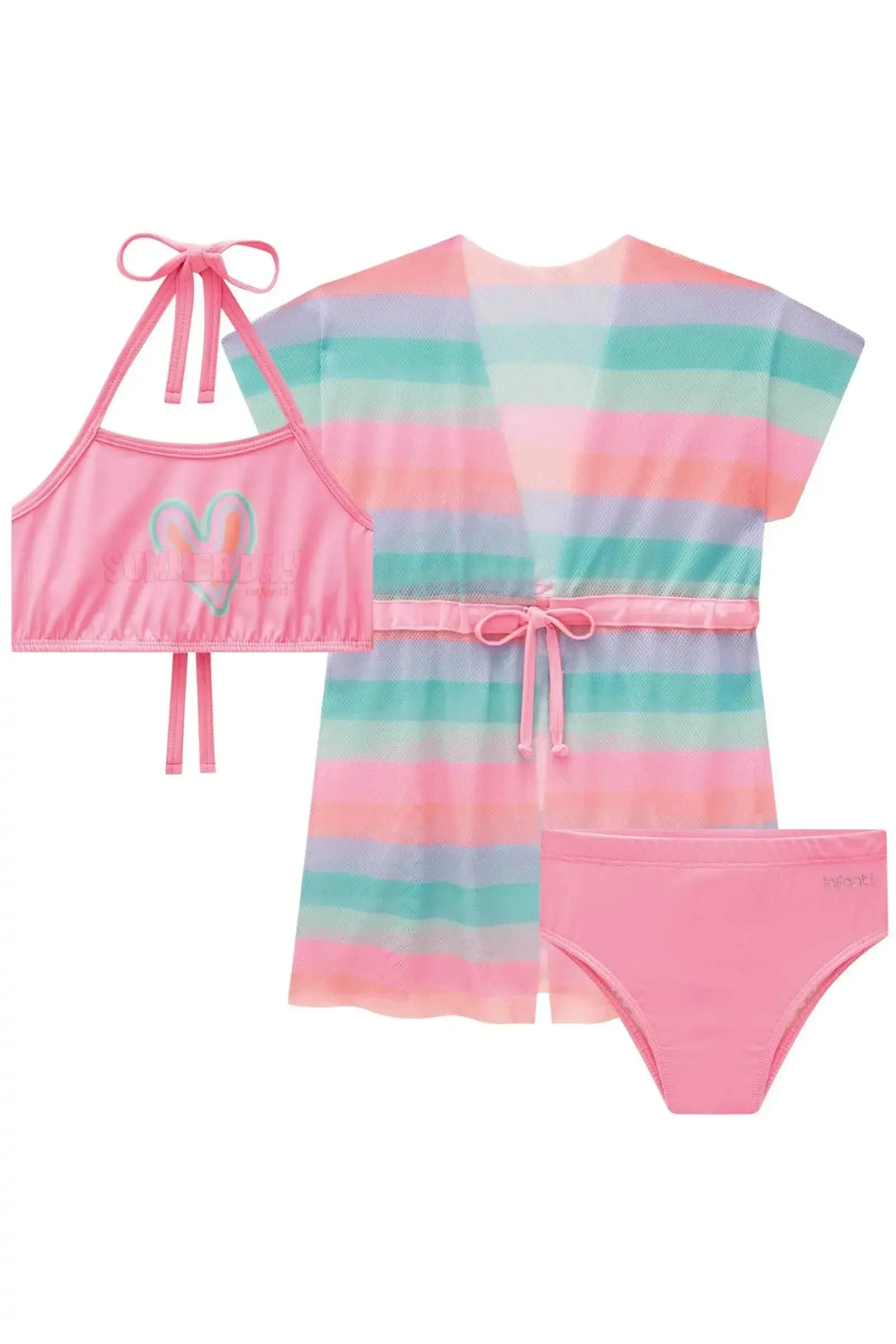 Trio de Biquíni em Malha UV Dry com Proteção UV 50+ com Saída de Praia em Tela Fashion 93177 Infanti Infantil Menina
