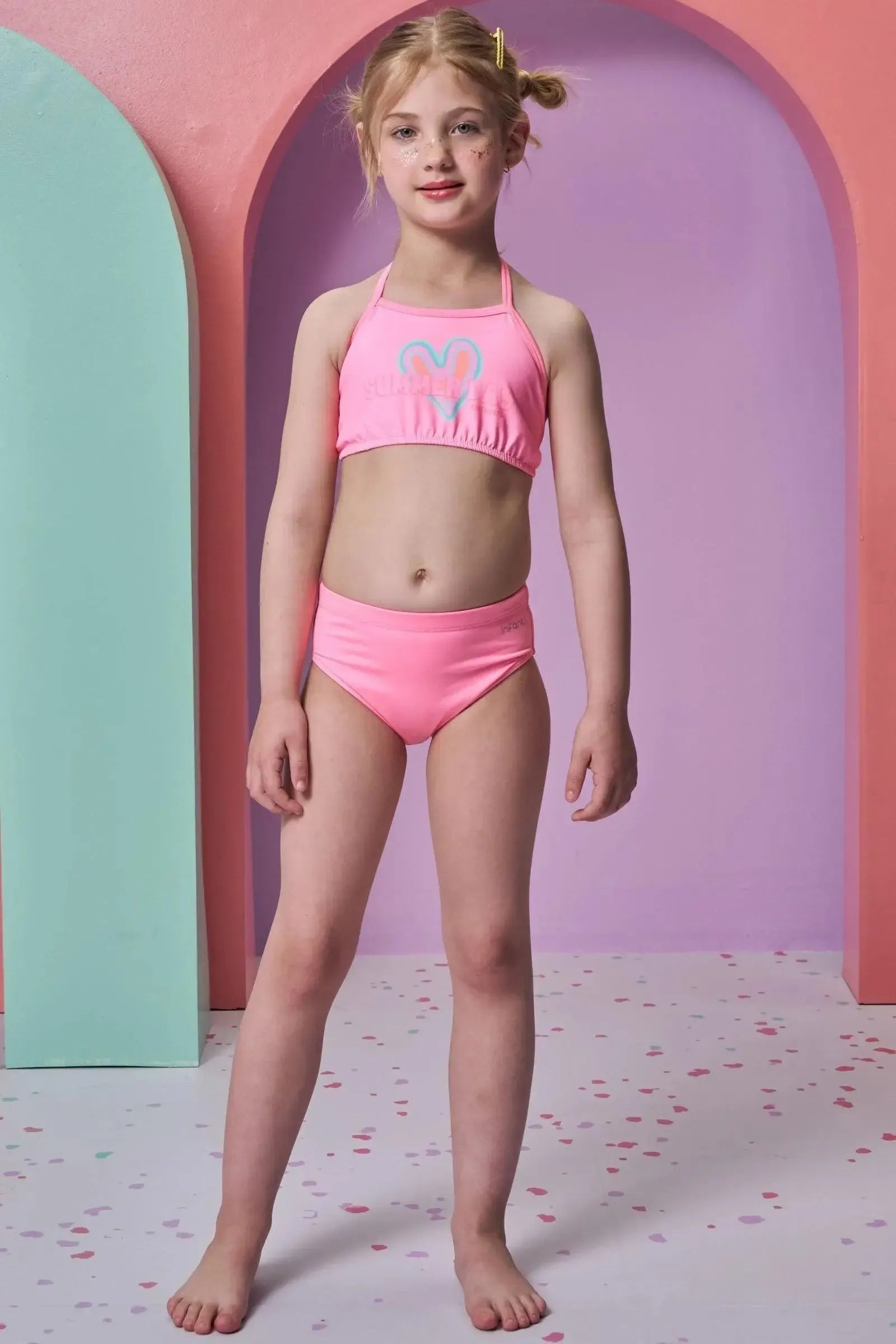 Trio de Biquíni em Malha UV Dry com Proteção UV 50+ com Saída de Praia em Tela Fashion 93177 Infanti Infantil Menina