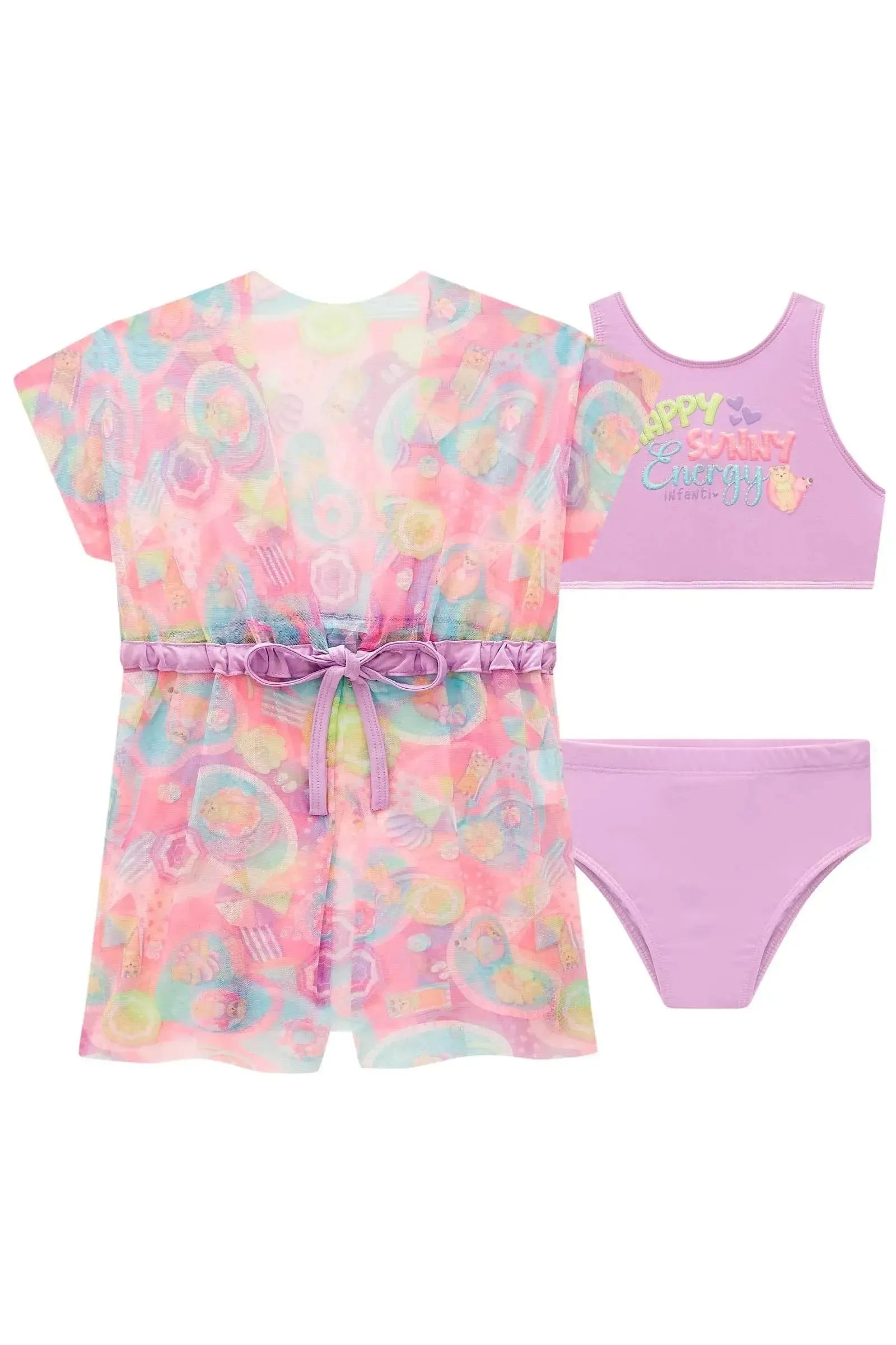 Trio de Biquíni em Malha UV Dry com Proteção UV 50+ com Saída de Praia em Tule 99182 Infanti Infantil Menina