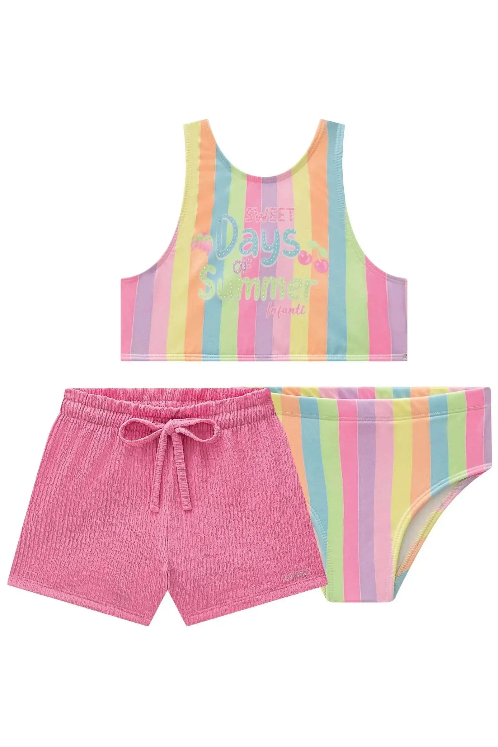 Trio de Biquíni em Malha UV Dry com Proteção UV 50+ com Shorts em Malha Textura 96216 Infanti Infantil Menina