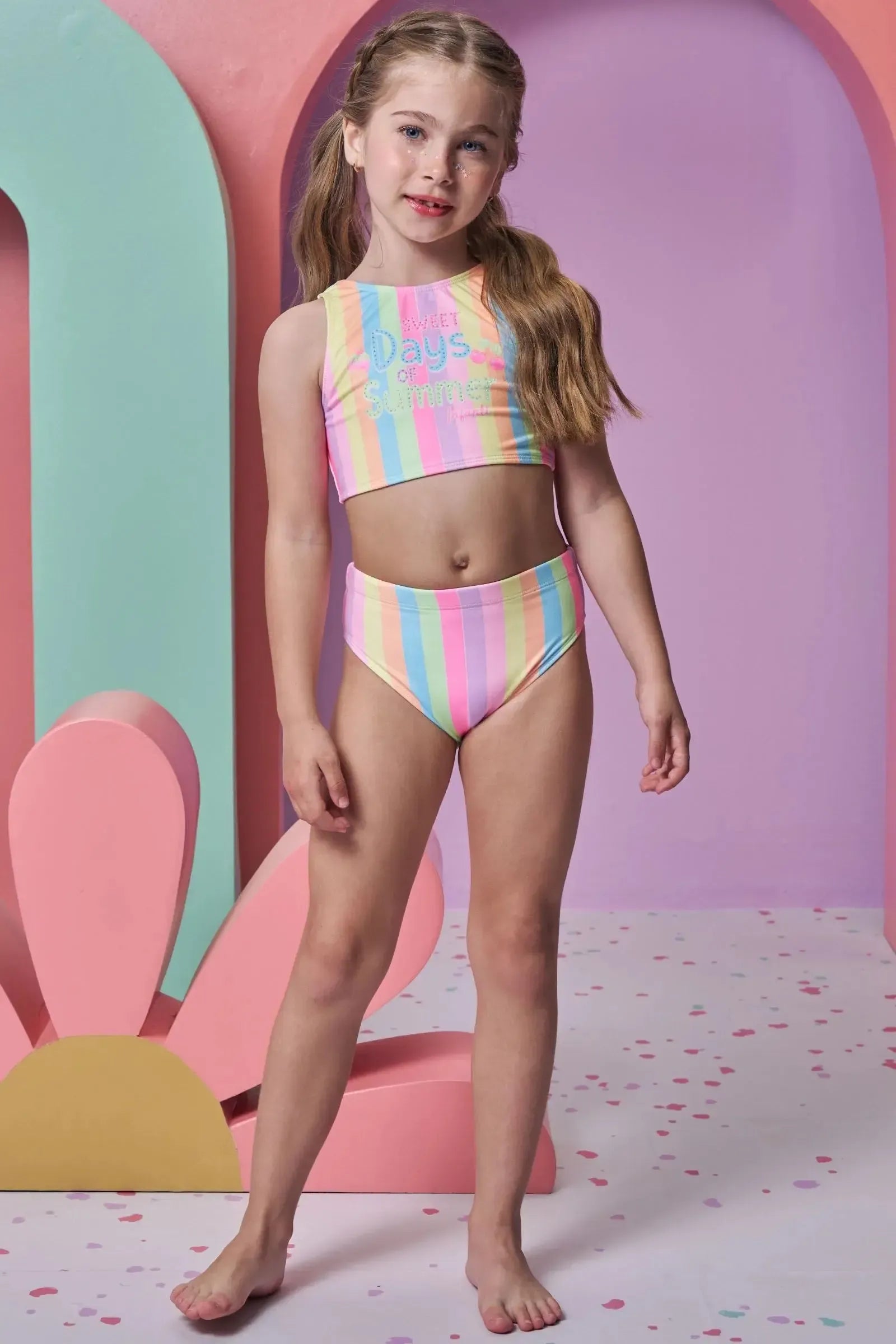 Trio de Biquíni em Malha UV Dry com Proteção UV 50+ com Shorts em Malha Textura 96216 Infanti Infantil Menina