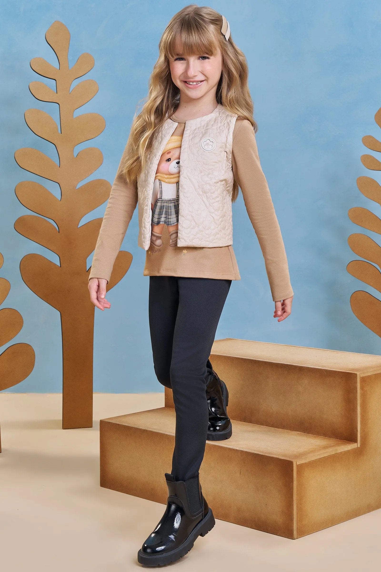 Trio de Blusa Alongada em Cotton Colete em Matelassê Flores e Calça Legging em Fly Tech 94209 Infanti Infantil Menina