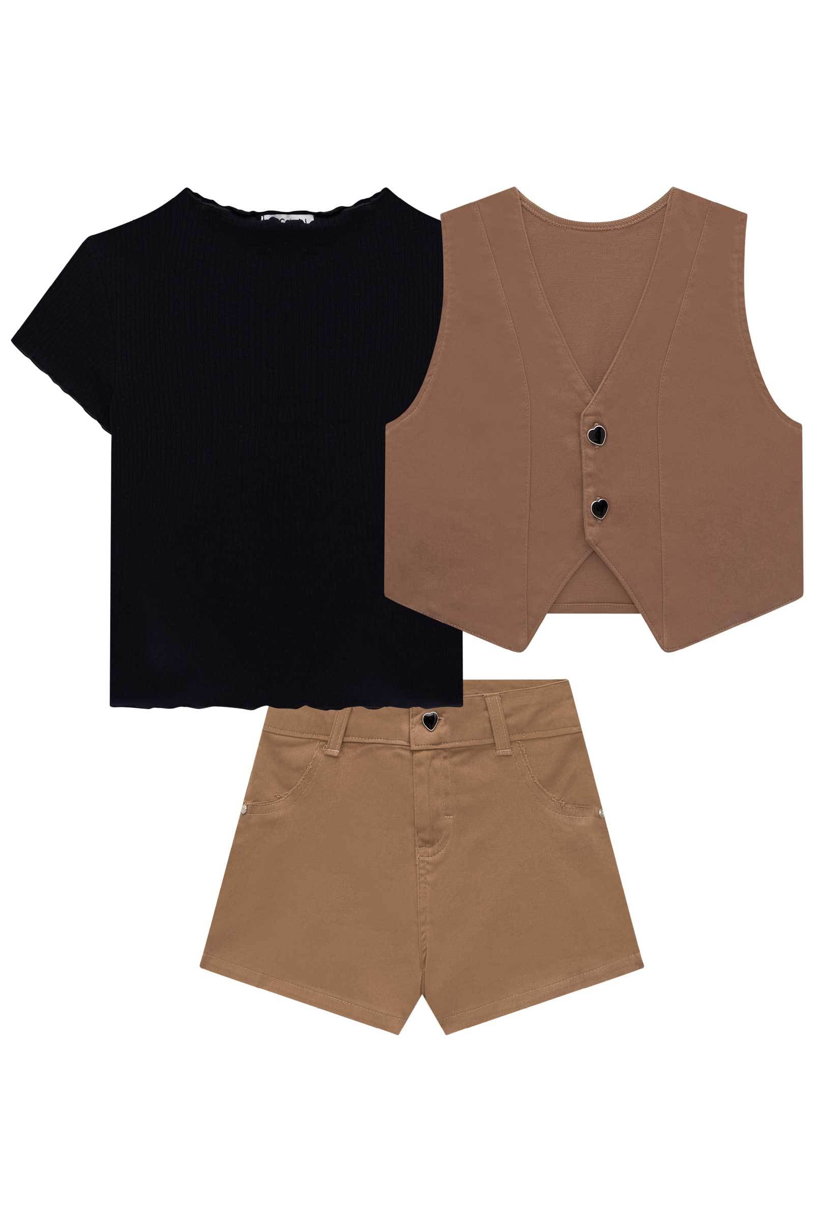 Trio de Blusa Boxy em Canelado Maui com Colete e Shorts em Sarja Power com Elastano 76130 Infanti