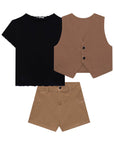 Trio de Blusa Boxy em Canelado Maui com Colete e Shorts em Sarja Power com Elastano 76130 Infanti