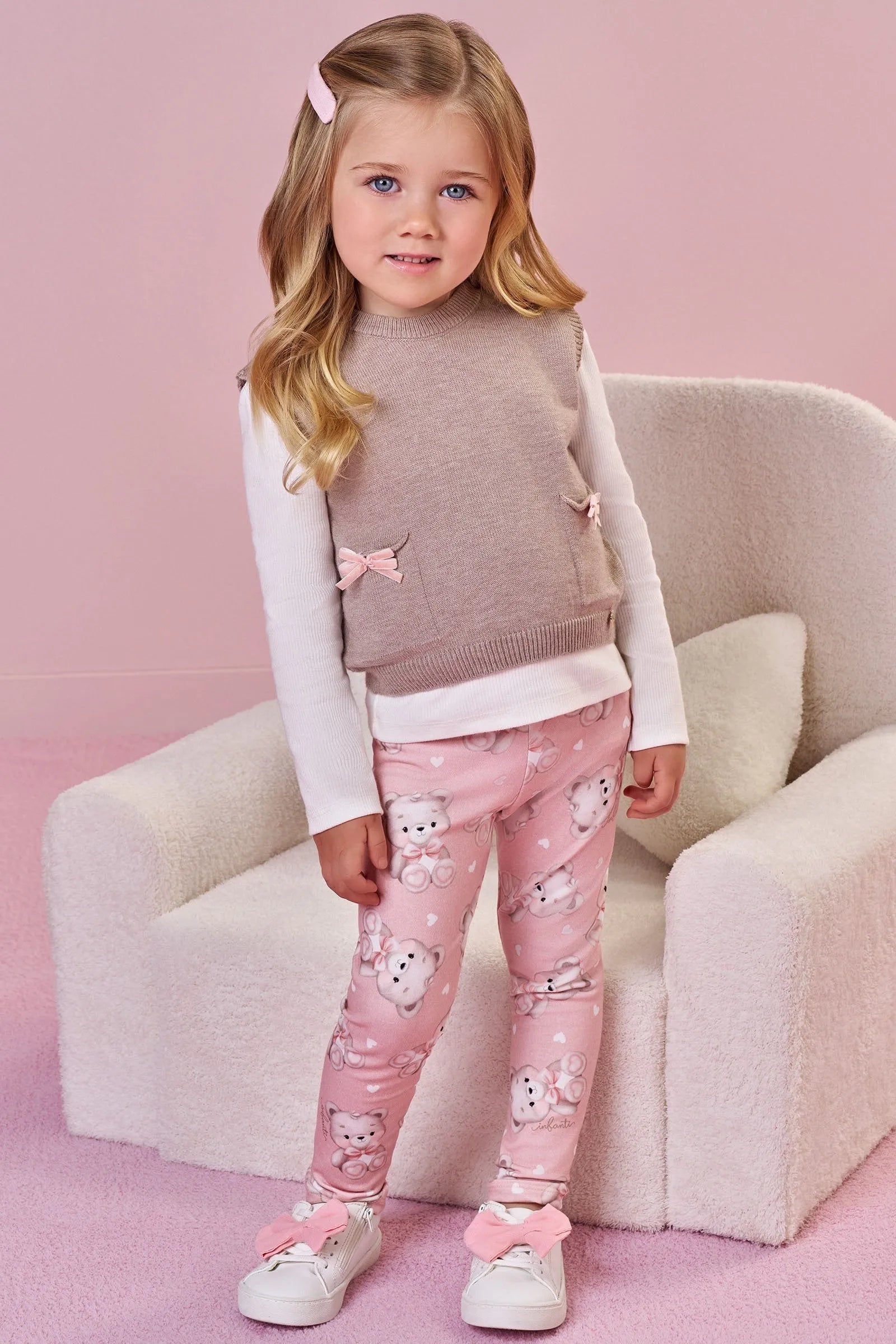 Trio de Blusa em Canelado com Colete em Tricot e Calça Legging em Molecotton 87539 Infanti Bebê Menina