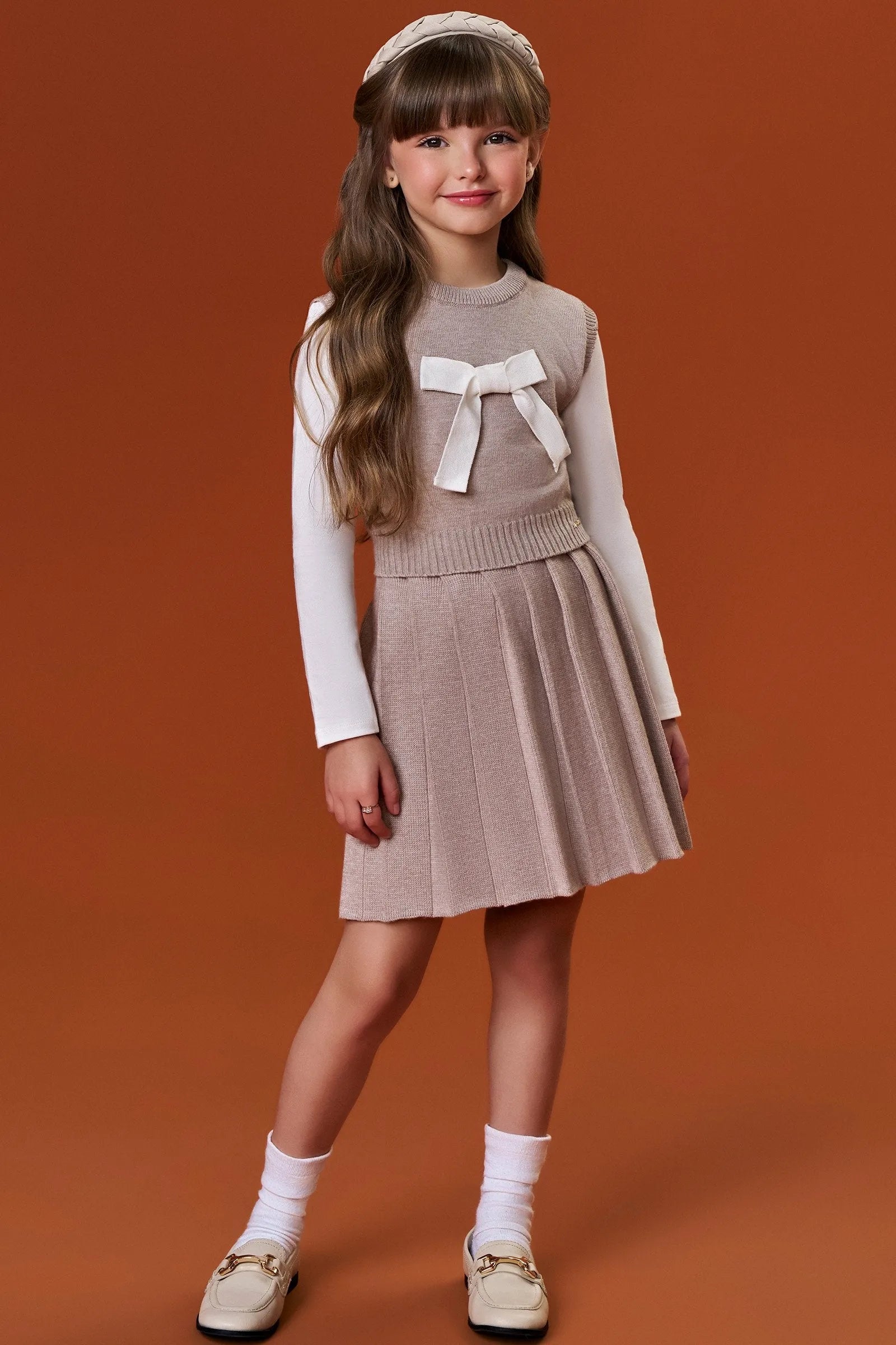 Trio de Blusa em Cotton Colete e Saia em Tricot 87685 Infanti Infantil Menina