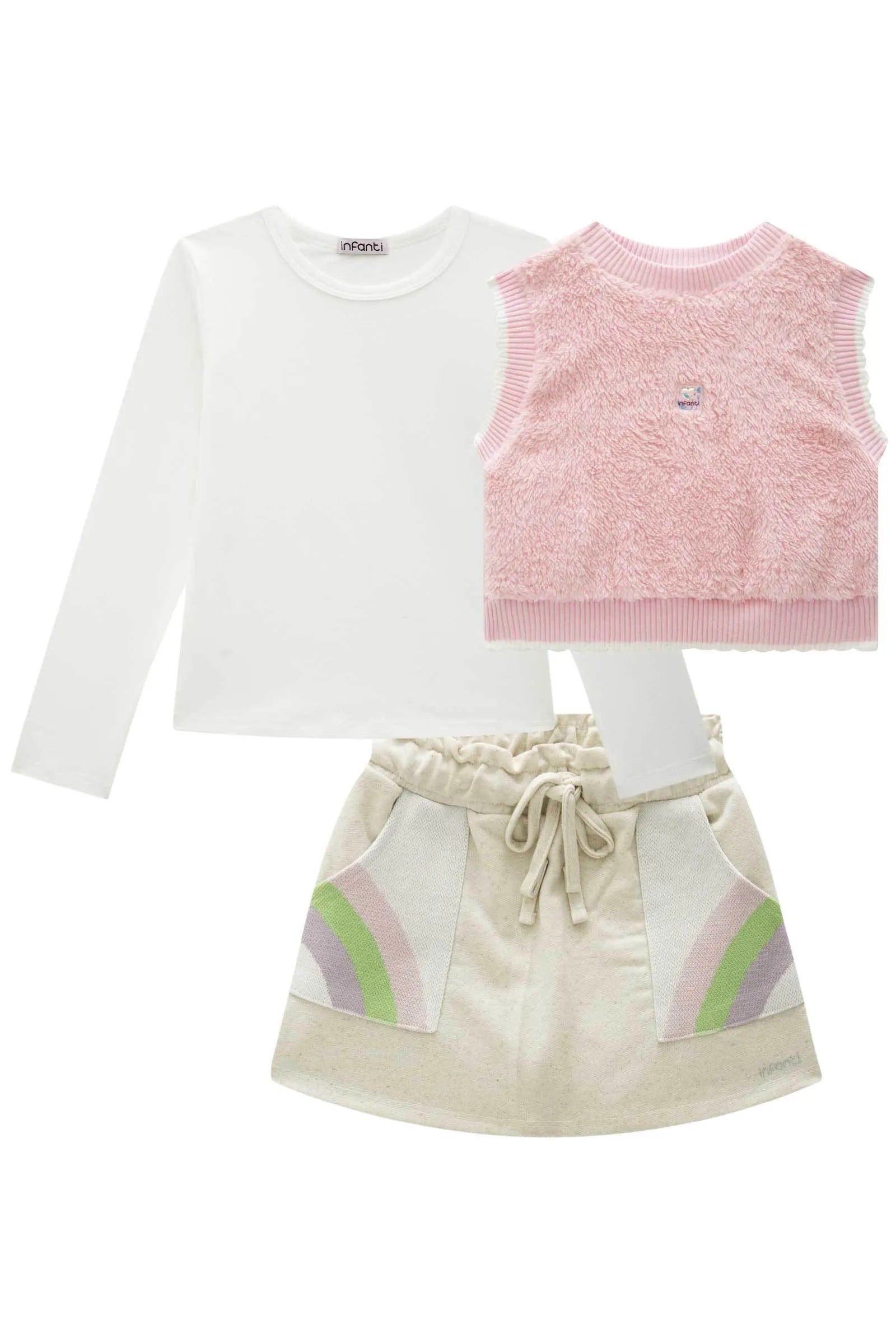 Trio de Blusa em Cotton Colete em Pelo Carneirinho e Short Saia em Moletom sem Pelúcia 90831 Infanti Infantil Menina