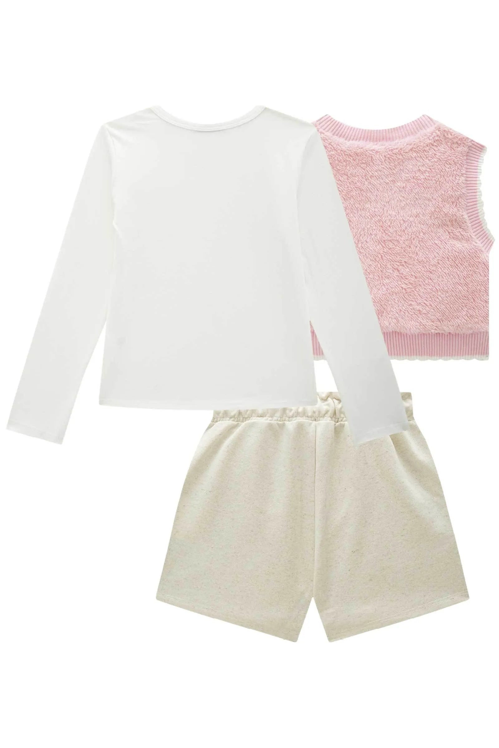 Trio de Blusa em Cotton Colete em Pelo Carneirinho e Short Saia em Moletom sem Pelúcia 90831 Infanti Infantil Menina