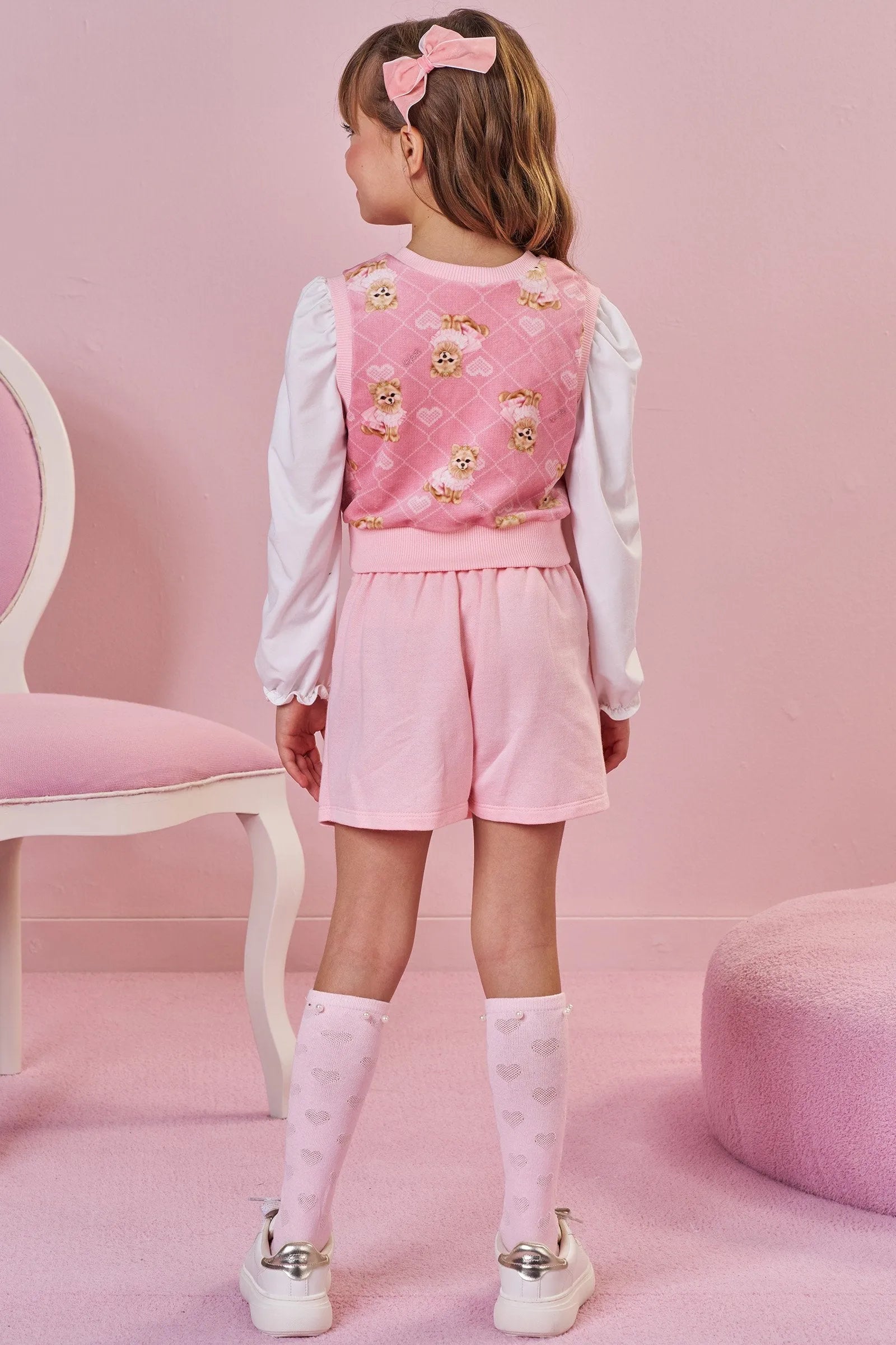 Trio de Blusa em Malha Comfy Colete em Fleece Luxo e Short Saia em Moletom sem Pelúcia 92556 Infanti Infantil Menina