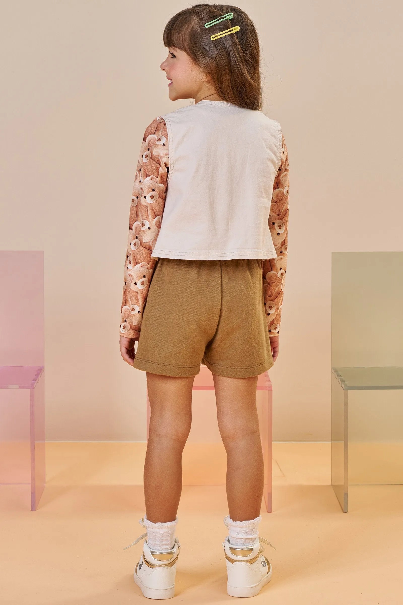 Trio de Blusa em Malha Power Colete em Sarja com Elastano e Shorts em Moletom sem Pelúcia 94230 Infanti Infantil Menina