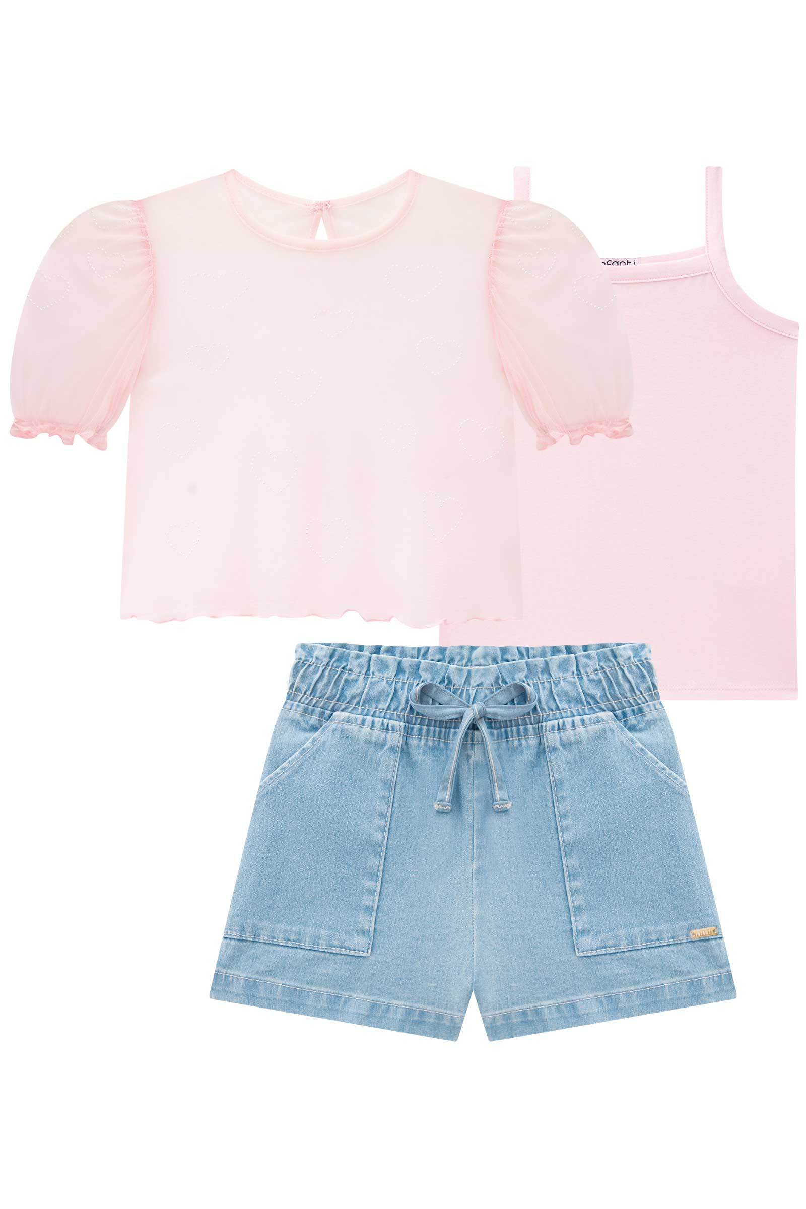 Trio de Blusa Regata em Cotton e Sobreposição em Tule com Shorts em Jeans Bellini 75909 Infanti