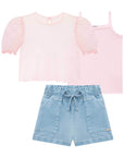 Trio de Blusa Regata em Cotton e Sobreposição em Tule com Shorts em Jeans Bellini 75909 Infanti