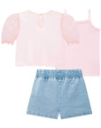 Trio de Blusa Regata em Cotton e Sobreposição em Tule com Shorts em Jeans Bellini 75909 Infanti