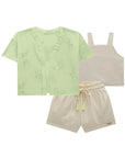 Trio de Camisa em Laise Borboleta Cropped e Shorts em Linho Deluxe 84610 Infanti Infantil Menina
