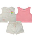 Trio de Regata Cropped em Cotton Colete e Shorts em Sarja com Elastano 83120 Infanti Infantil Menina